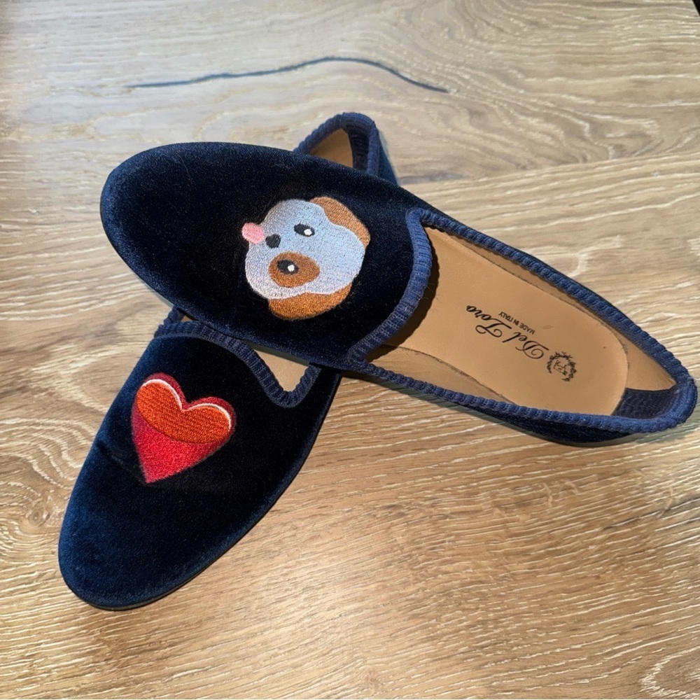 Del Toro Navy Velvet dog heart loafers flats slippers Womens 8 Italian Luxury - Picture 2 of 9
